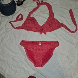 Bisou Bisou Coral Crochet Look Swim Suit Bikini Bottoms M, Top XL
